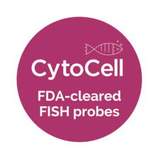 Badge promoting CytoCell FDA-cleared hematology FISH probes for AML and MDS.