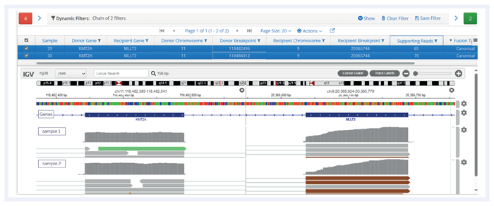 Figure 3: SureSeq Interpret NGS Analysis Software displaying KMT2A-MLLT3 fusion in 2 research samples