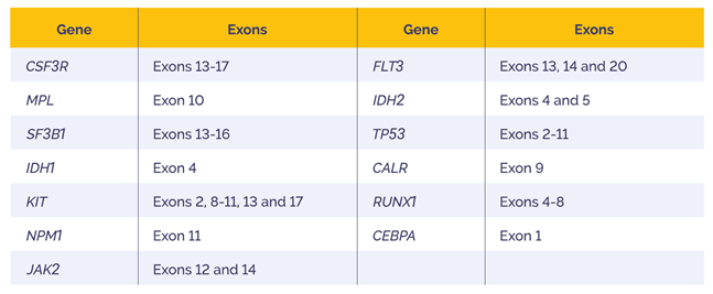 Table 1: The SureSeq Myeloid MRD Panel targets SNVs, indels and FLT3- ITDs in 46 hotspot exons across 13 genes relevant to AML research.